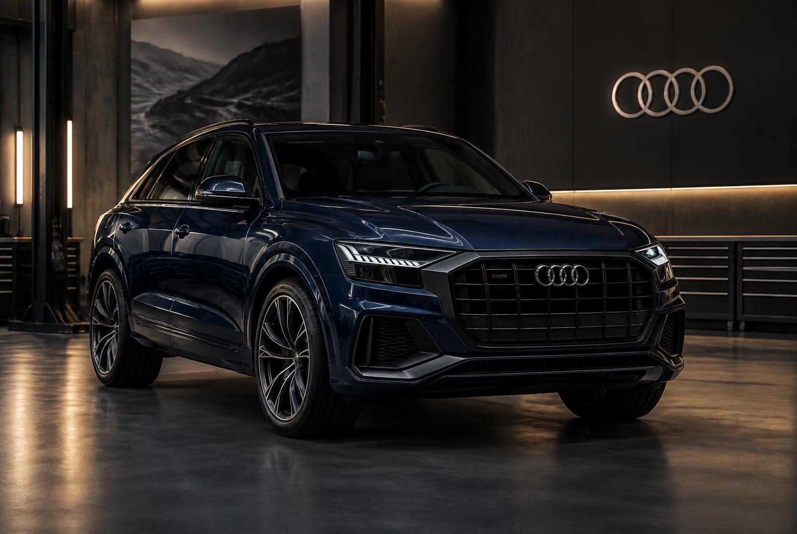 Dark blue Audi Q8 SUV in the Manasat Alibdaa Auto workshop in Sharjah