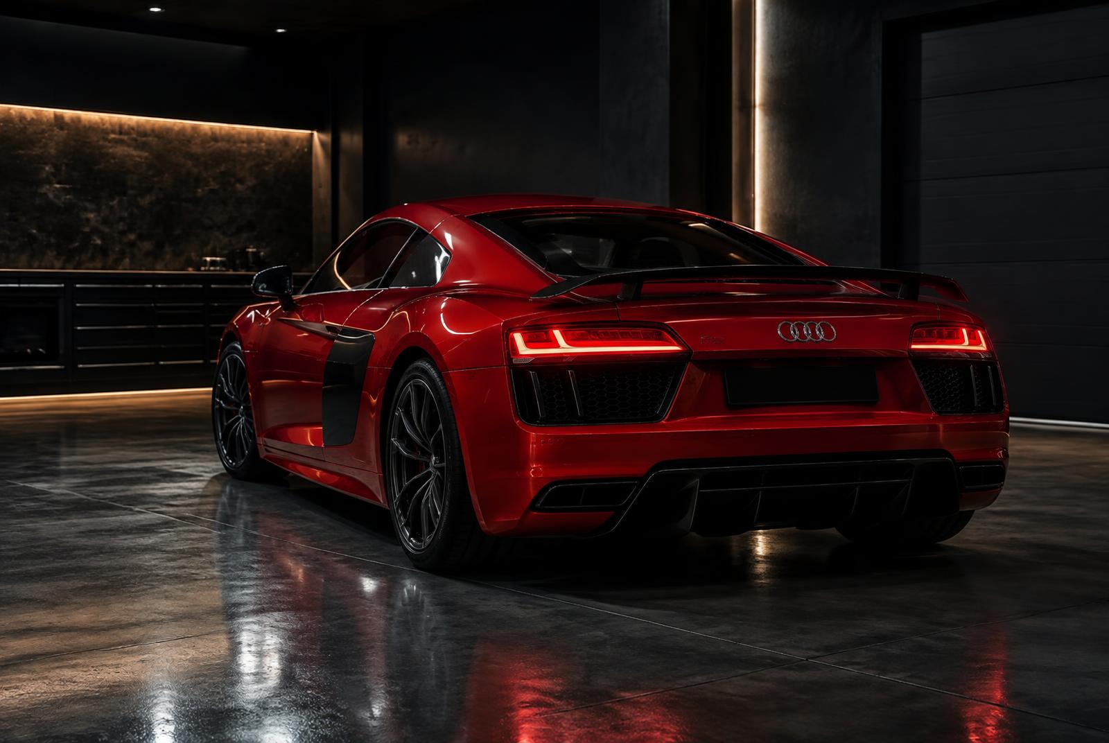 Red Audi R8 supercar in the Manasat Alibdaa Auto workshop in Sharjah
