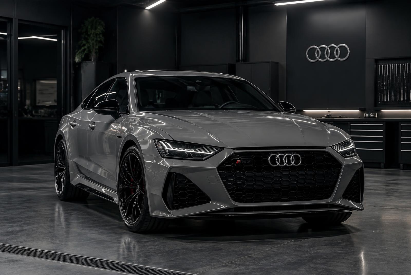 Nardo grey Audi RS7 Sportback in the Manasat Alibdaa Auto workshop in Sharjah