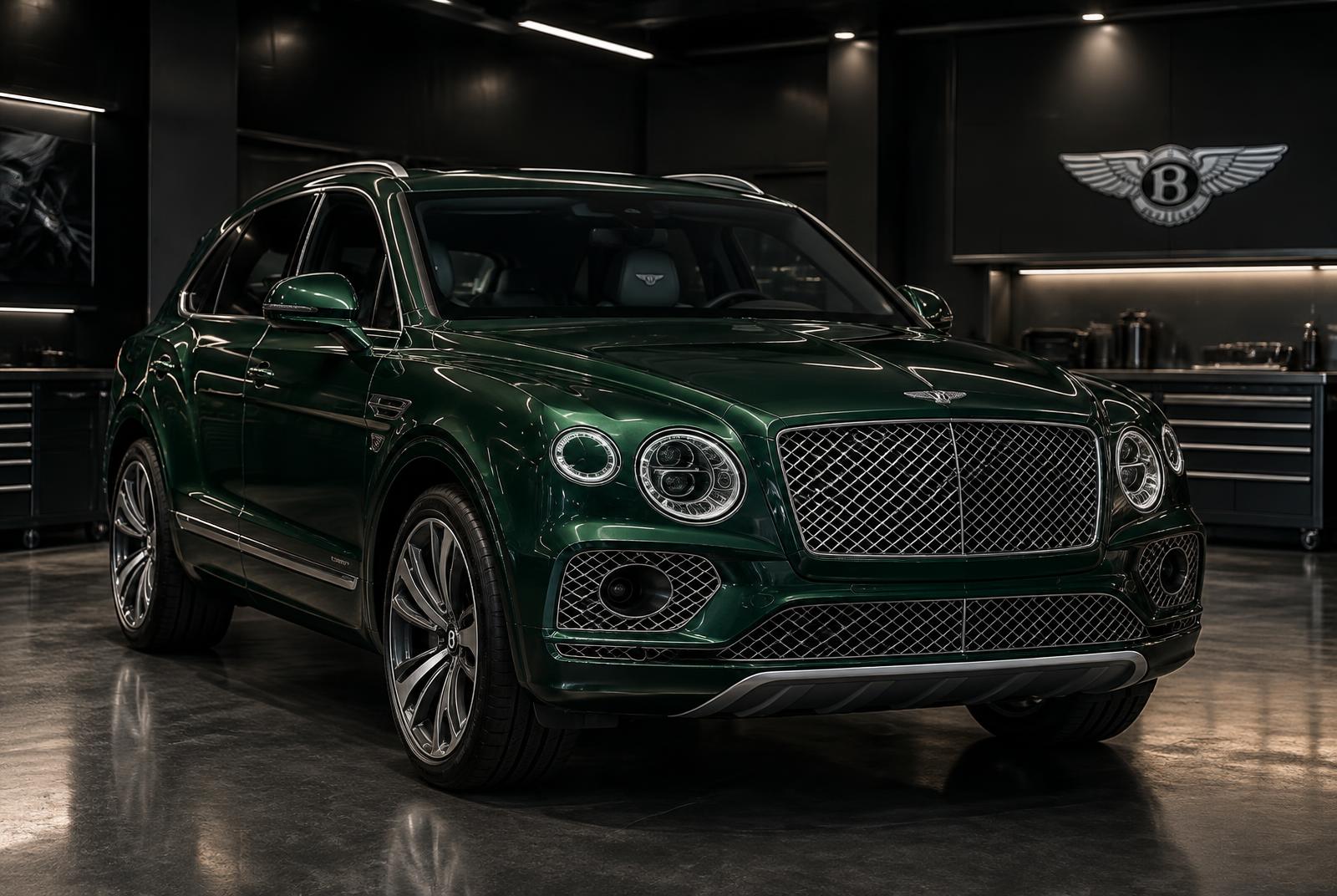 British racing green Bentley Bentayga SUV in the Manasat Alibdaa Auto workshop in Sharjah