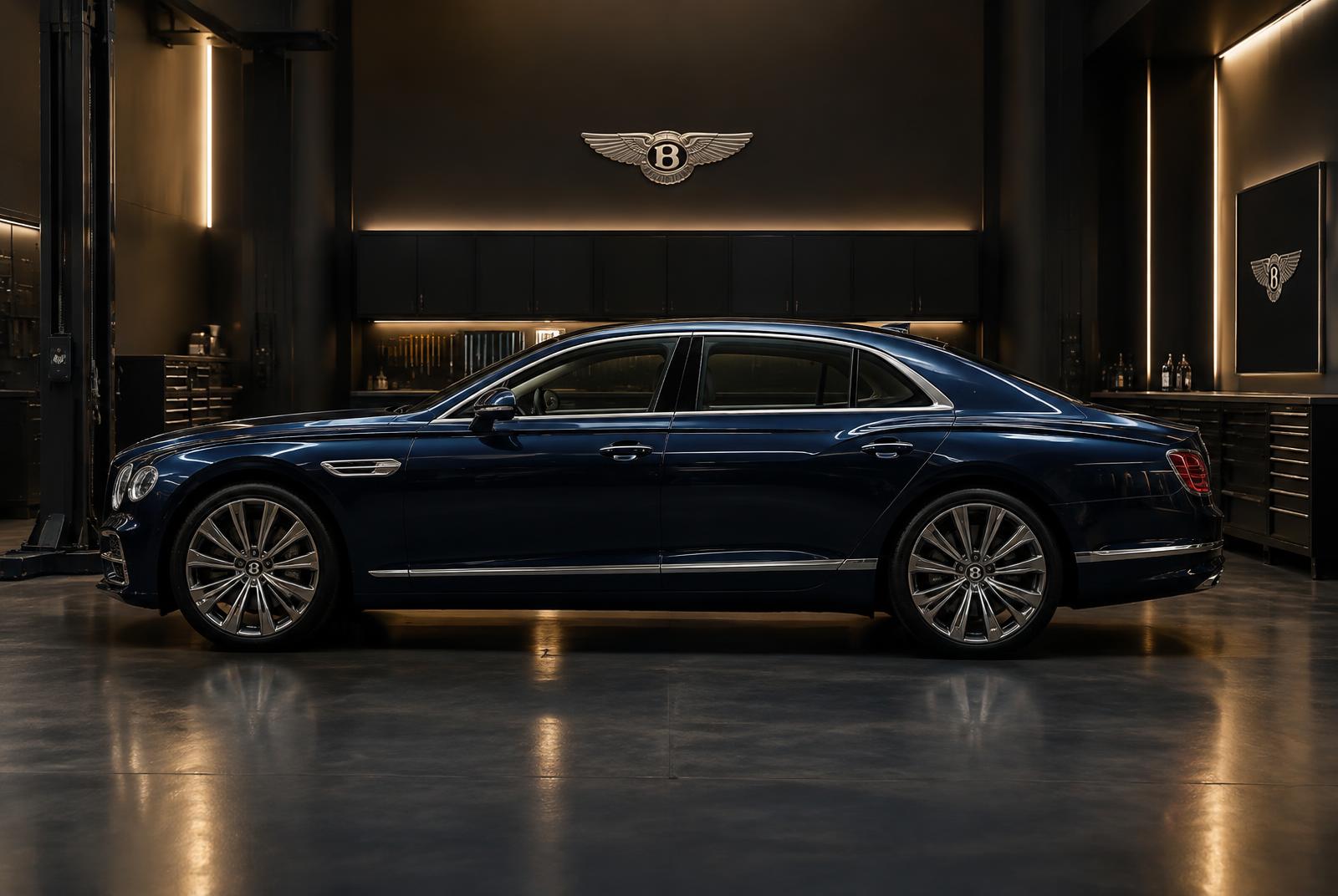 Dark blue Bentley Flying Spur sedan in the Manasat Alibdaa Auto workshop in Sharjah