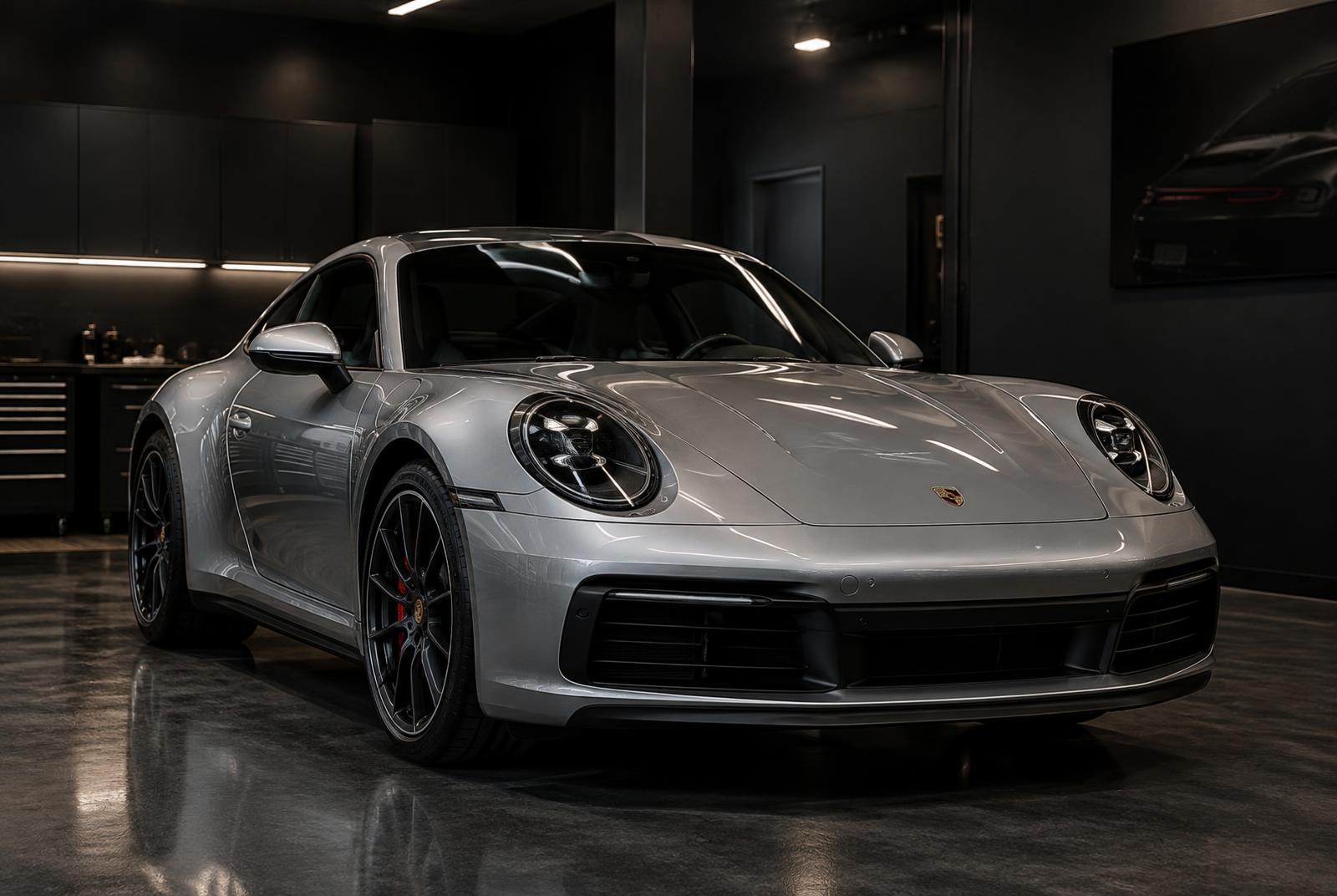 Silver Porsche 911 Carrera in the Manasat Alibdaa Auto workshop in Sharjah