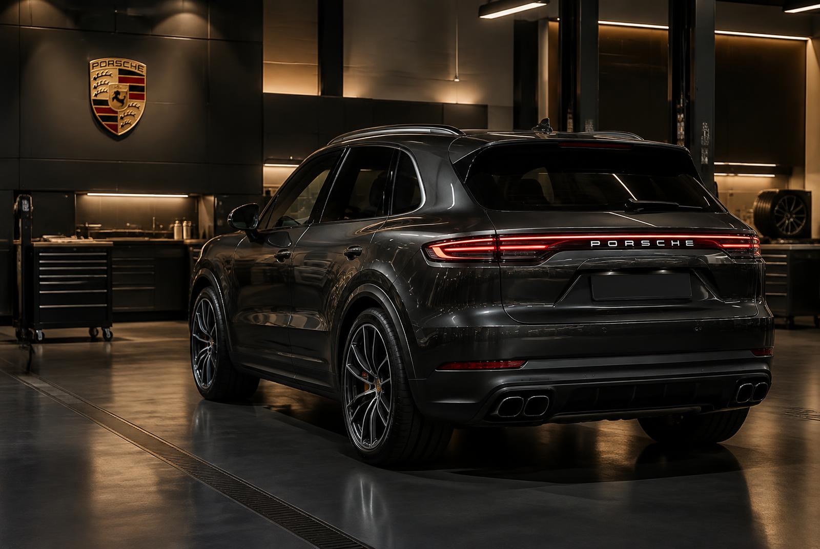 Rear view of a Porsche Cayenne in the Manasat Alibdaa Auto workshop in Sharjah
