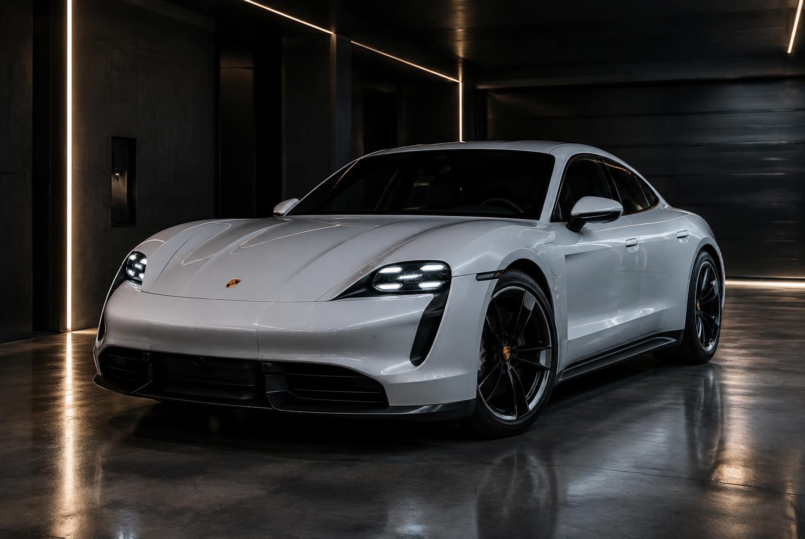 White Porsche Taycan in the Manasat Alibdaa Auto workshop in Sharjah